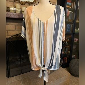 TRU SELF Tie Front Stripe Casual Faux Button Down - 2X - Beachy Vibes